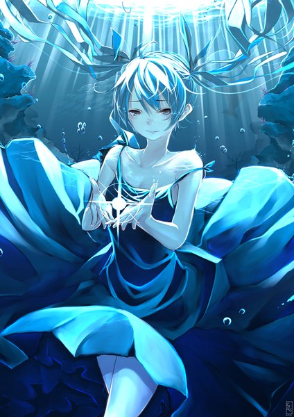 Anime picture 1414x2000 with vocaloid shinkai shoujo (vocaloid) hatsune miku junp single long hair tall image fringe twintails cleavage aqua eyes aqua hair off shoulder underwater glow weightlessness sad girl animal bubble (bubbles)