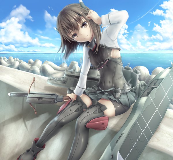 Anime picture 1298x1200 with kantai collection taihou armored aircraft carrier kamomen single looking at viewer fringe short hair brown hair sitting brown eyes sky cloud (clouds) light smile girl thighhighs weapon boots sea crossbow