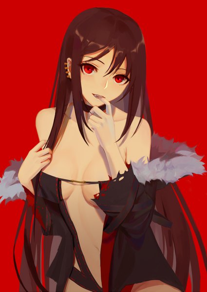 Anime picture 980x1385 with fate (series) fate/grand order yu mei-ren (fate) kamikakushi no ocarino single long hair tall image looking at viewer blush fringe breasts light erotic simple background hair between eyes red eyes brown hair standing bare shoulders payot off shoulder