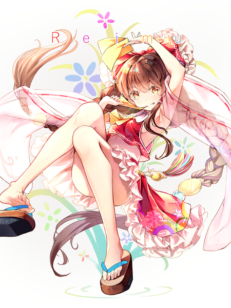 Anime picture 1049x1400 with touhou hakurei reimu dampi hon (neo2462) single tall image looking at viewer light erotic brown hair white background full body braid (braids) very long hair arm up armpit (armpits) orange eyes character names twin braids alternate hairstyle convenient leg