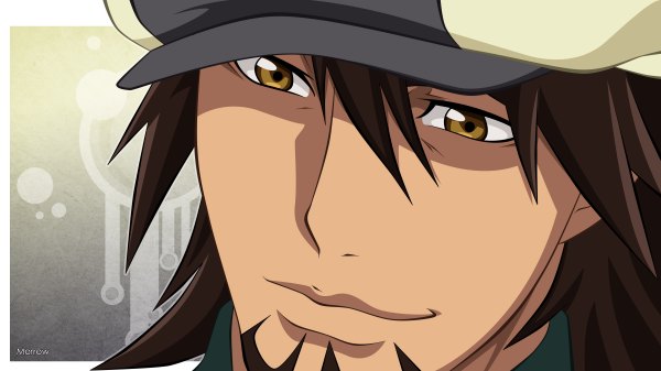 Anime picture 2400x1348 with tiger & bunny sunrise (studio) kaburagi t. kotetsu morrow single highres short hair brown hair wide image brown eyes light smile face boy flat cap beard