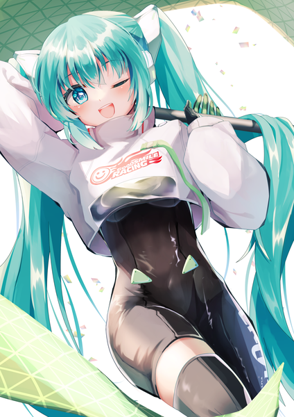 Anime picture 1240x1754 with vocaloid goodsmile racing hatsune miku racing miku racing miku (2022) mani (second-dimension) single tall image looking at viewer fringe open mouth hair between eyes twintails very long hair one eye closed aqua eyes aqua hair ;d girl bodysuit