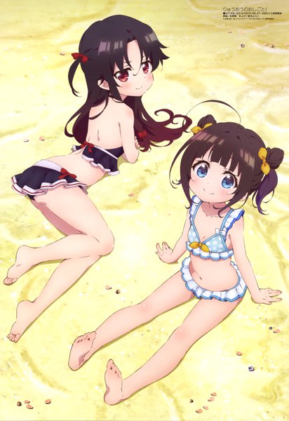 Anime picture 4077x5933 with ryuuou no oshigoto! megami magazine hinatsuru ai yashajin ai yano akane long hair tall image blush highres short hair blue eyes black hair smile red eyes brown hair sitting multiple girls payot absurdres full body