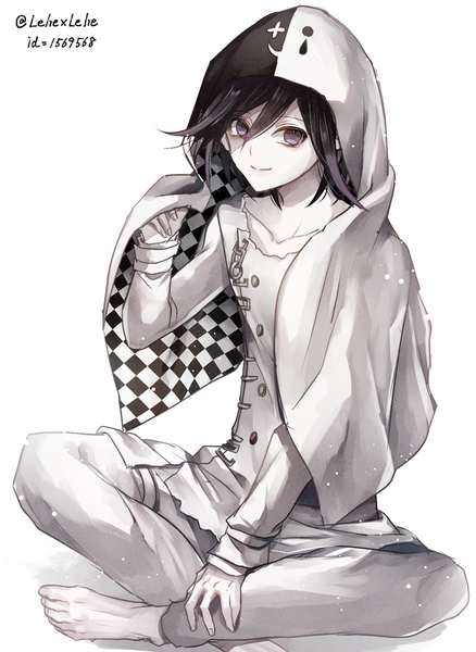 Anime picture 694x950 with dangan ronpa new danganronpa v3 ouma kokichi z-epto (chat-noir86) single tall image looking at viewer fringe short hair black hair simple background smile hair between eyes white background sitting purple eyes signed full body bent knee (knees) barefoot