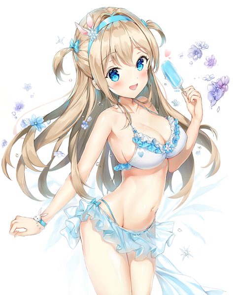 Anime picture 1600x2028 with girls frontline suomi kp31 (girls frontline) narae single long hair tall image looking at viewer blush fringe breasts open mouth blue eyes light erotic simple background blonde hair smile hair between eyes large breasts standing white background