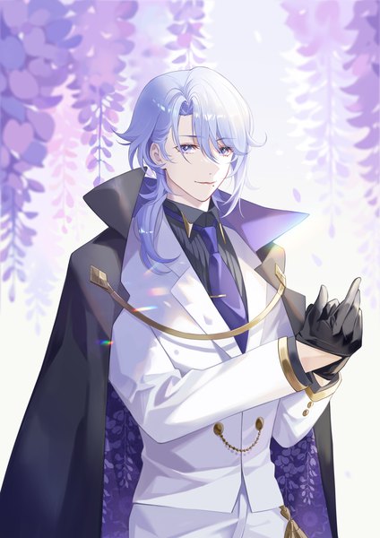 Anime picture 2893x4093 with genshin impact kamisato ayato zoe (user nfrc5473) single long hair tall image fringe highres hair between eyes silver hair mole mole under mouth silver eyes adjusting gloves boy gloves flower (flowers) black gloves necktie cape