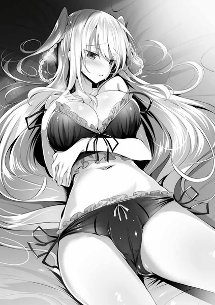 Anime picture 1240x1760 with ginnen no nanatsuhime to nanaka no ouji nanakamado nanaka kazu kakao single long hair tall image blush fringe breasts open mouth light erotic large breasts twintails cleavage lying parted lips on back underwear only monochrome cameltoe