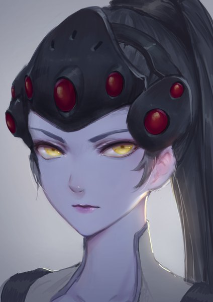 Anime picture 2480x3508 with overwatch blizzard entertainment widowmaker (overwatch) mosquito coils single long hair tall image looking at viewer highres black hair simple background yellow eyes upper body ponytail grey background lipstick gradient background portrait eyebrows expressionless