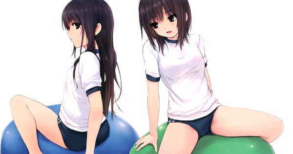 Anime picture 2123x1120 with original aoyama sumika shiramine rika coffee-kizoku long hair looking at viewer highres short hair open mouth light erotic black hair simple background brown hair wide image white background sitting multiple girls brown eyes looking away looking back