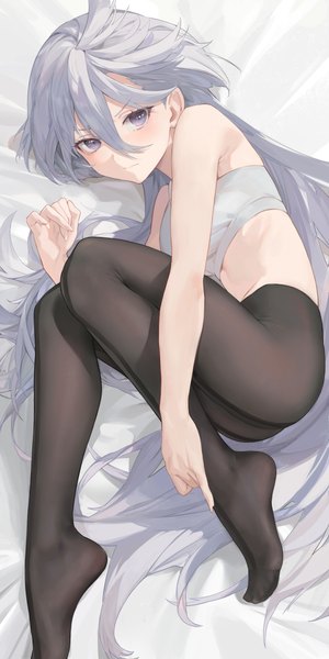 Anime picture 3000x6000 with mobile suit gundam gundam suisei no majo sunrise (studio) miorine rembran bafangyu single tall image looking at viewer fringe highres light erotic hair between eyes purple eyes silver hair full body lying very long hair on side girl pantyhose