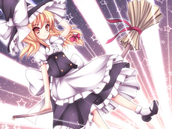Anime picture 1200x900 with touhou kirisame marisa mikan (5555) single long hair blonde hair yellow eyes broom riding girl skirt bow star (symbol) apron witch hat skirt set broom