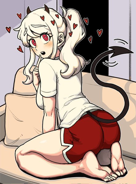 Anime picture 1513x2048 with helltaker modeus (helltaker) masgamjya single tall image looking at viewer blush fringe open mouth light erotic red eyes sitting full body ass white hair ponytail indoors tail :d barefoot