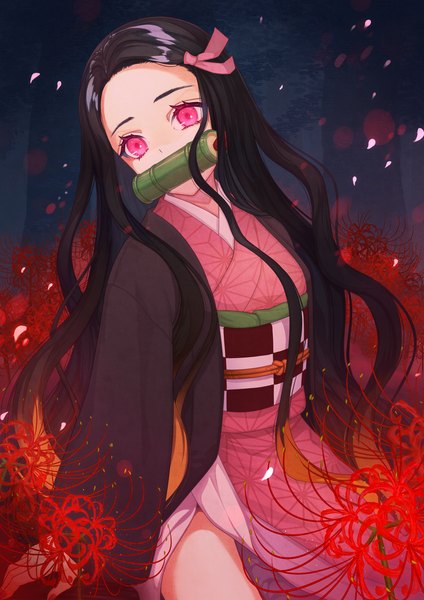 Anime picture 2894x4093 with kimetsu no yaiba ufotable kamado nezuko chieri06 single long hair tall image looking at viewer fringe highres black hair holding looking away outdoors traditional clothes japanese clothes pink eyes multicolored hair two-tone hair mouth hold
