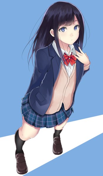 Anime picture 950x1629 with original saitou (lynx-shrike) single long hair tall image looking at viewer fringe blue eyes black hair simple background standing pleated skirt from above plaid skirt blue background open collar girl thighhighs skirt uniform