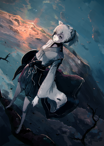 Anime picture 1001x1400 with touhou inubashiri momiji rean (r ean) single tall image short hair standing animal ears sky cloud (clouds) white hair wind sunlight cat ears mountain sunbeam girl animal bird (birds) sun