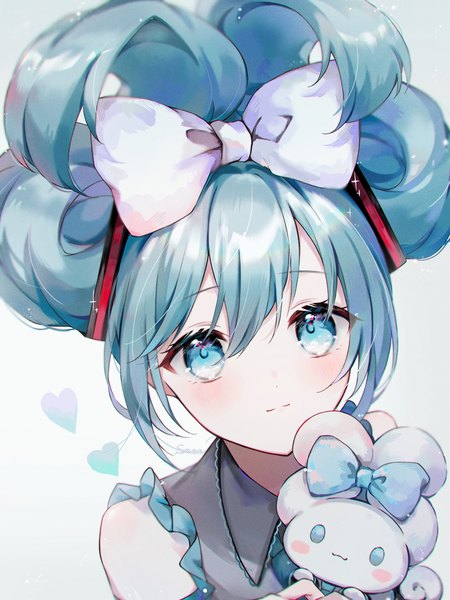Anime picture 1499x2000 with vocaloid sanrio hatsune miku cinnamiku cinnamoroll syana alice single long hair tall image looking at viewer blush fringe blue eyes simple background hair between eyes upper body from above aqua hair girl bow