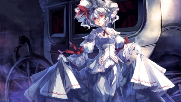 Anime picture 1600x900 with touhou remilia scarlet skade single looking at viewer short hair red eyes wide image white hair girl dress bow frills bonnet coach