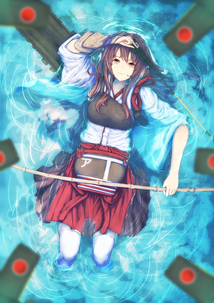 Anime picture 992x1403 with kantai collection akagi aircraft carrier marumoru single long hair tall image looking at viewer brown hair brown eyes lying traditional clothes girl thighhighs weapon white thighhighs water armor bow (weapon) arrow (arrows) breastplate
