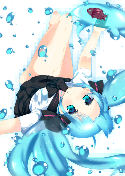 Anime picture 1274x1800 with vocaloid hatsune miku bottle miku minamo no naka single tall image blush twintails very long hair aqua eyes aqua hair liquid hair girl skirt hair ornament miniskirt serafuku bubble (bubbles) fish (fishes)