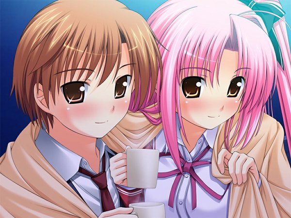 Anime picture 1024x768 with maikuro (game) long hair blush brown eyes pink hair game cg couple girl boy