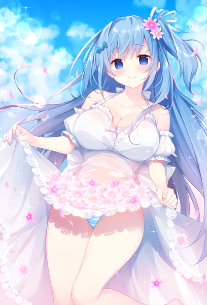 Anime picture 4533x6656 with original emori miku project emori miku miko (royal milk) single long hair tall image looking at viewer blush fringe highres breasts blue eyes light erotic smile large breasts standing bare shoulders blue hair absurdres