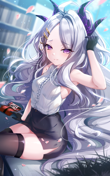 Anime picture 1000x1593 with blue archive hina (blue archive) kuru2pantu single tall image looking at viewer blush fringe smile sitting purple eyes bare shoulders silver hair ahoge indoors very long hair arm up arm support depth of field sleeveless