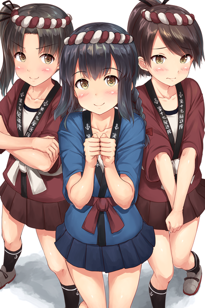 Anime picture 1200x1800 with kantai collection shikinami destroyer ayanami destroyer isonami destroyer ichikawa feesu long hair tall image looking at viewer blush fringe short hair black hair simple background smile brown hair white background multiple girls brown eyes looking away ponytail