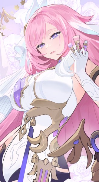 Anime picture 1500x2750 with honkai impact 3rd honkai (series) elysia (honkai impact) elysia (herrscher of human:ego) (honkai impact) mamima single long hair tall image looking at viewer blush fringe breasts open mouth large breasts standing purple eyes holding pink hair from below girl