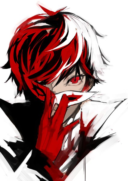 Anime picture 2149x3035 with persona 5 persona amamiya ren ryein single tall image looking at viewer fringe highres short hair simple background red eyes white background red hair hair over one eye portrait boy gloves mask red gloves