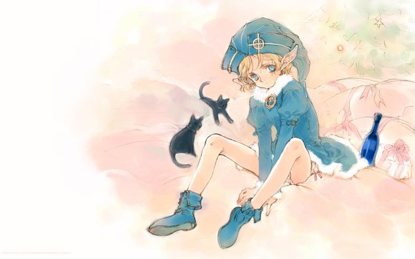 Anime picture 1920x1200 with littlewitch oyari ashito single looking at viewer highres short hair blue eyes light erotic blonde hair wide image sitting full body pointy ears fur trim girl hat animal fur cat bottle