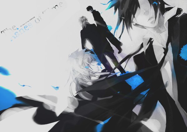 Anime picture 1280x906 with original kaninnvven long hair short hair open mouth black hair looking away white hair multiple boys dutch angle back polychromatic cover cover page boy necktie suit 4 boys paint