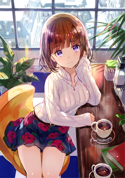 Anime picture 970x1378 with original fuzichoco single tall image looking at viewer blush fringe short hair breasts smile brown hair sitting purple eyes indoors blunt bangs head tilt from above arm support city floral print