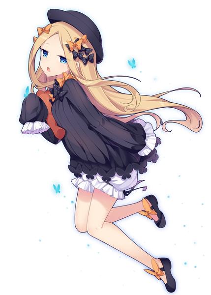 Anime picture 2590x3624 with fate (series) fate/grand order abigail williams (fate) amemiya ruki single long hair tall image highres open mouth blue eyes blonde hair full body long sleeves transparent background girl dress bow hair bow hat black dress