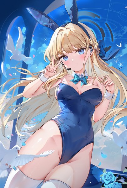 Anime picture 2000x2964 with blue archive toki (blue archive) toki (bunny) (blue archive) kita (kitairoha) single long hair tall image looking at viewer blush fringe highres breasts blue eyes light erotic blonde hair large breasts standing bare shoulders animal ears sky