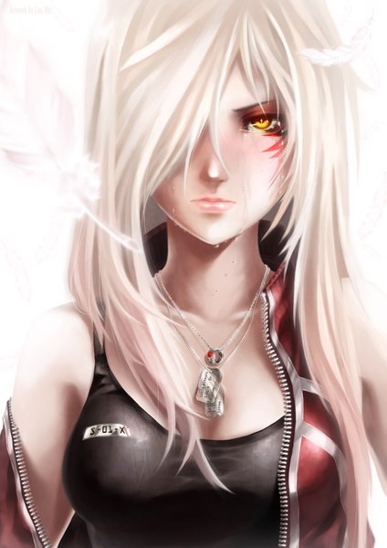Anime-Bild 1131x1600 mit original lan-nhi single long hair tall image looking at viewer fringe white background yellow eyes white hair lips hair over one eye tattoo tears crying girl pendant feather (feathers) vest