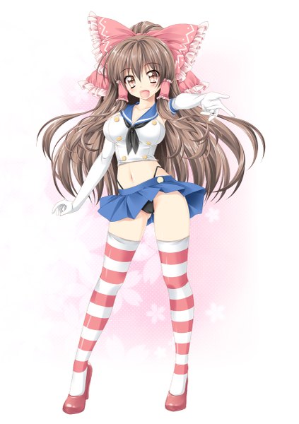 Anime picture 847x1200 with kantai collection touhou hakurei reimu kamiya tomoe single long hair tall image breasts light erotic simple background brown hair large breasts standing brown eyes alternate costume plaid skirt cameltoe skirt lift wind lift shimakaze (kancolle) (cosplay)