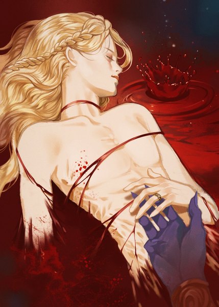 Anime picture 1132x1582 with elden ring miquella (elden ring) mohg lord of blood yujia0412 long hair tall image light erotic blonde hair lying braid (braids) eyes closed multiple boys on back partially submerged side braid boy blood 2 boys ring hand