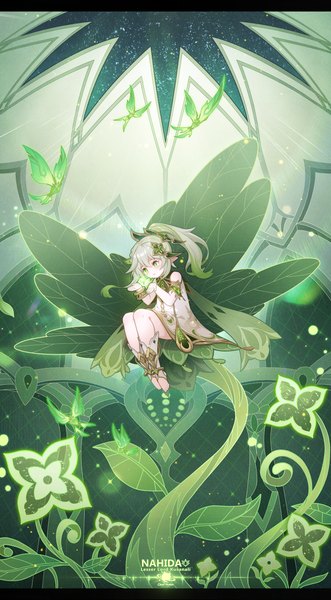 Anime picture 2205x4000 with genshin impact nahida (genshin impact) crystalfly (genshin impact) clear water single long hair tall image fringe highres hair between eyes green eyes silver hair full body pointy ears character names side ponytail letterboxed girl plant (plants)
