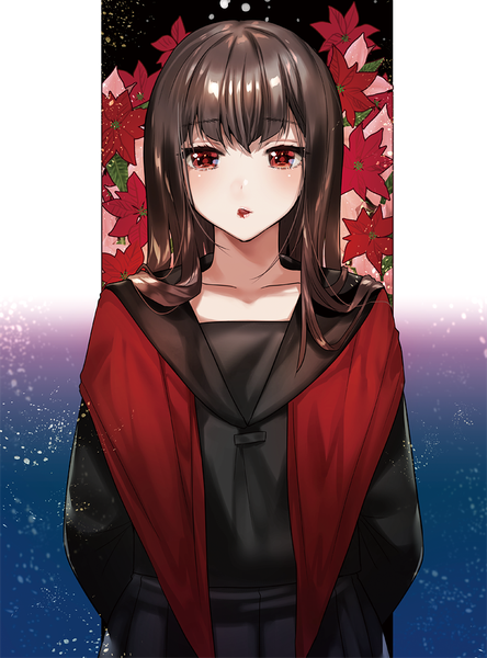 Anime picture 700x944 with original yanyo (ogino atsuki) single long hair tall image looking at viewer blush fringe simple background hair between eyes red eyes brown hair standing upper body long sleeves pleated skirt gradient background hands behind back hair over shoulder blood on face