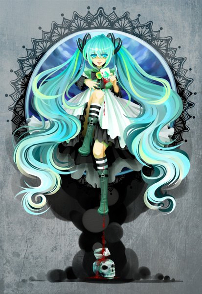 Anime picture 2129x3094 with vocaloid hatsune miku red13 (pixiv) single tall image highres twintails absurdres very long hair nail polish aqua eyes aqua hair girl dress bow socks blood skull card (cards) striped socks