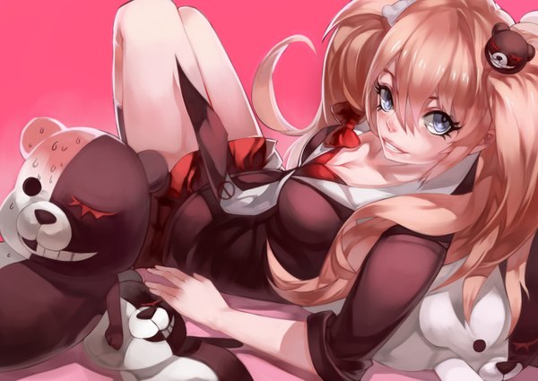 Anime picture 1748x1240 with dangan ronpa enoshima junko monokuma liulu long hair looking at viewer highres blue eyes blonde hair simple background smile pink background girl skirt uniform hair ornament school uniform necktie toy stuffed animal