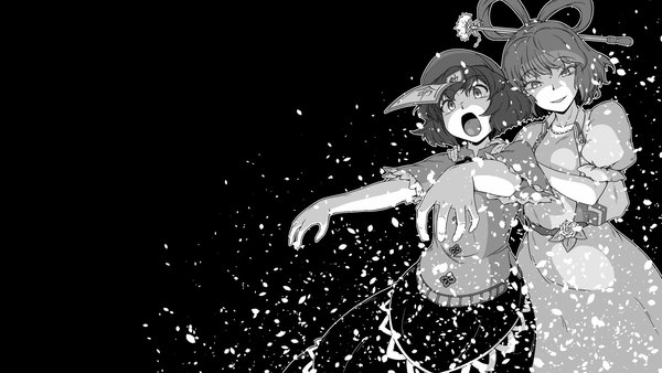 Anime picture 1920x1080 with touhou kaku seiga miyako yoshika sunatoshi looking at viewer highres short hair open mouth simple background smile wide image multiple girls sparkle wallpaper black background monochrome hair rings outline zombie zombie pose
