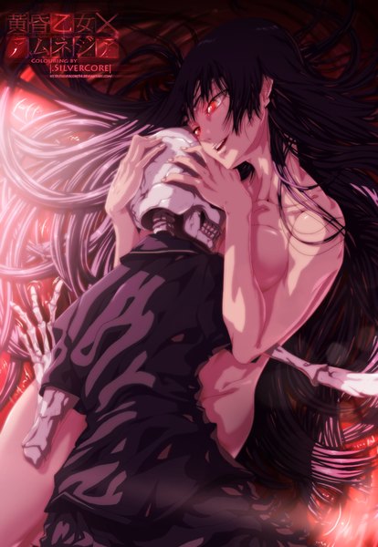 Anime picture 985x1425 with tasogare otome x amnesia silver link kanoe yuuko silvercore94 single long hair tall image open mouth light erotic black hair smile red eyes sunlight inscription coloring hieroglyph skeleton girl