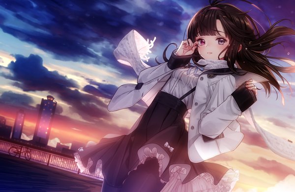 Anime picture 2000x1306 with original tsukigami luna single long hair looking at viewer blush fringe highres black hair red eyes standing sky cloud (clouds) outdoors pleated skirt wind grey eyes dutch angle heterochromia evening