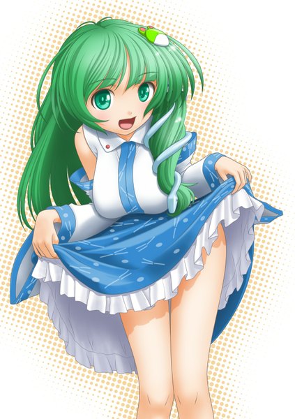 Anime picture 1200x1700 with touhou kochiya sanae t2r (artist) single long hair tall image breasts open mouth light erotic large breasts green eyes green hair dress lift girl hair ornament detached sleeves snake frog