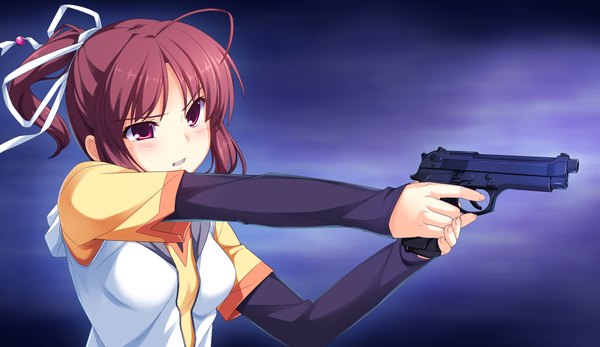 Anime picture 2660x1540 with sinclient yanasa mai reesaa highres short hair red eyes brown hair wide image game cg ponytail girl ribbon (ribbons) weapon hair ribbon gun