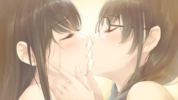 Anime picture 1280x720 with flowers (innocent grey) innocent grey shirahane suou rikka hanabishi blush wide image multiple girls game cg eyes closed tears shoujo ai almost kiss girl 2 girls glasses