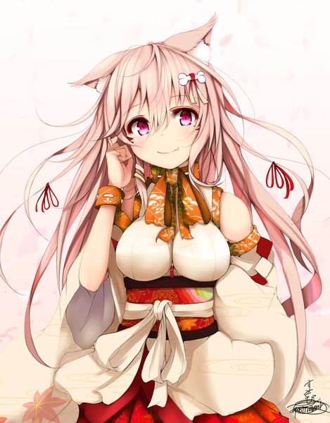 Anime picture 1172x1500 with original suzume (simple0091) single long hair tall image looking at viewer blush fringe breasts simple background smile hair between eyes bare shoulders signed animal ears pink hair pink eyes fang (fangs) adjusting hair bone (bones)