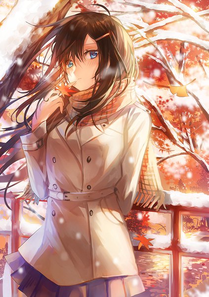 Anime picture 693x984 with original tsugutoku single long hair tall image looking at viewer blush fringe blue eyes hair between eyes brown hair standing holding outdoors pleated skirt arm up wind snowing snow arm behind back