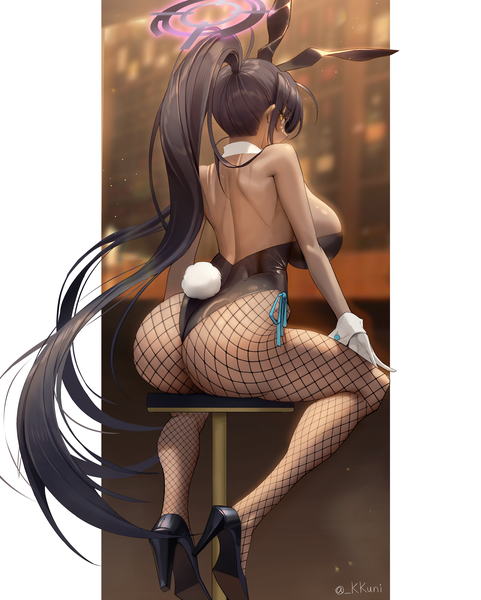 Anime picture 2923x3643 with blue archive karin (blue archive) karin (bunny) (blue archive) kkuni single tall image looking at viewer fringe highres breasts light erotic black hair sitting signed animal ears yellow eyes full body ass ponytail tail
